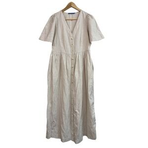 J. McLaughlin Striped Beige Midi Button V Neck Linen Blend‎ Dress Women's Small